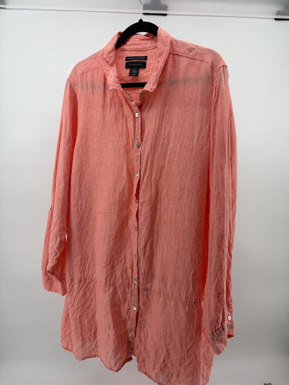 Tahari Essentials Shirt Women Size 3X Melon Linen Long Sleeve Roll & Button Up
